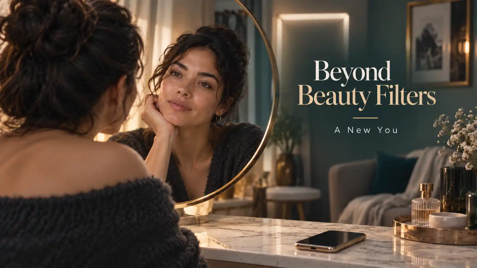 一名女士看着自然倒影，桌上有手机，旁边写有 Beyond Beauty Filters