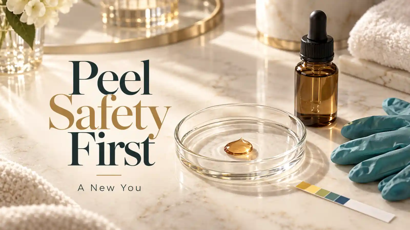 Flacon compte-gouttes ambré, coupelle en verre, gants et bandelette pH avec le titre Peel Safety First