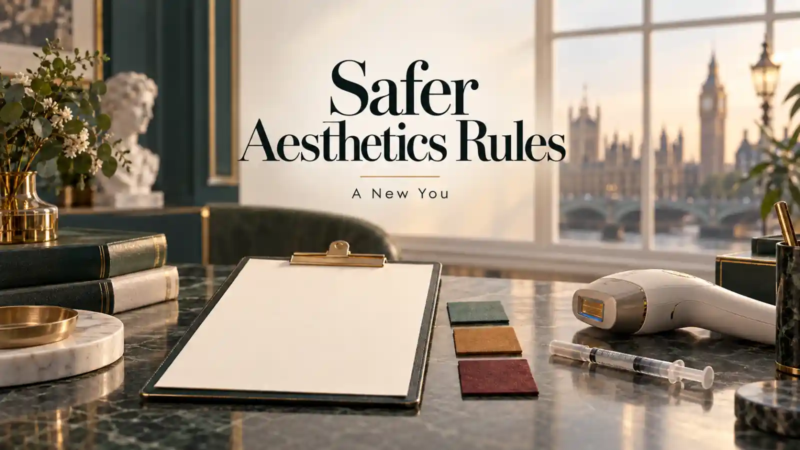 倫敦意象書桌、空白夾板、分級色板與美容儀器符號，旁邊寫有 Safer Aesthetics Rules