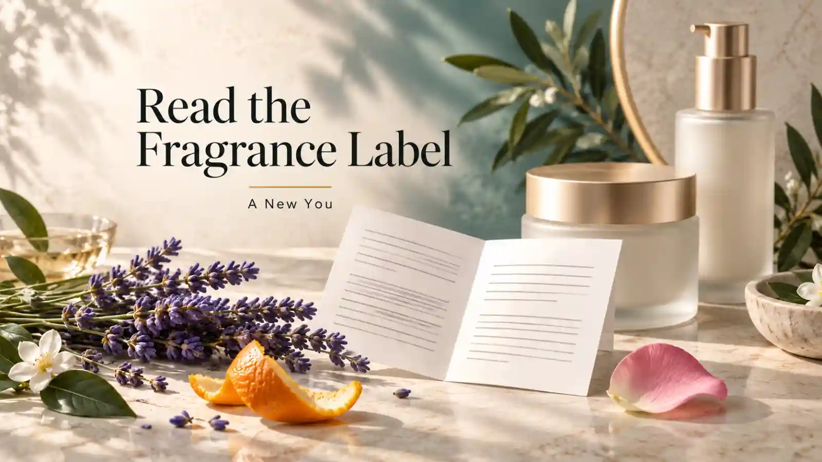 无品牌护肤容器、空白成分折页与植物素材,旁边写有 Read the Fragrance Label